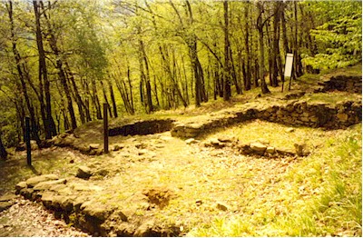 Tracce dell'insediamento etrusco-celtico di Monte Bibele; in primo piano: resti di mura circondanti le primitive abitazioni; in secondo piano: la cisterna utilizzata per  la riserva dell'acqua