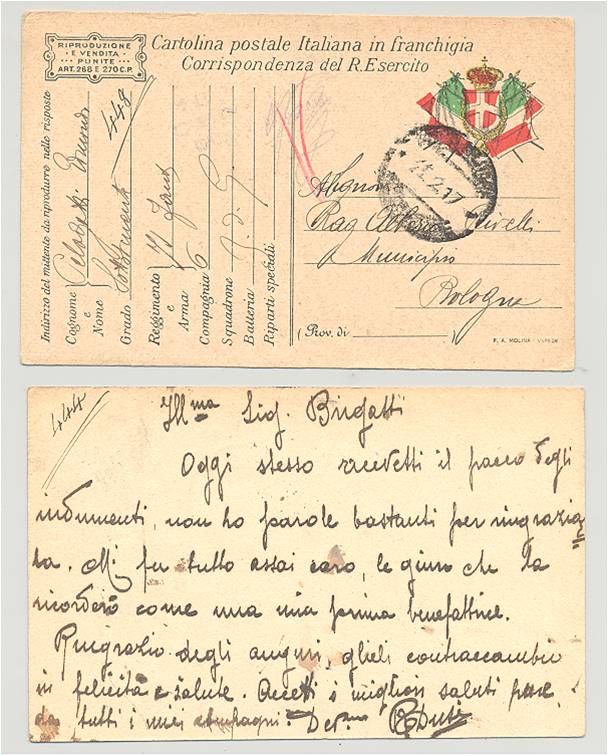 Cartolina postale del 1917 di ringraziamento di di un soldato per gli indumenti ricevuti dalle allieve