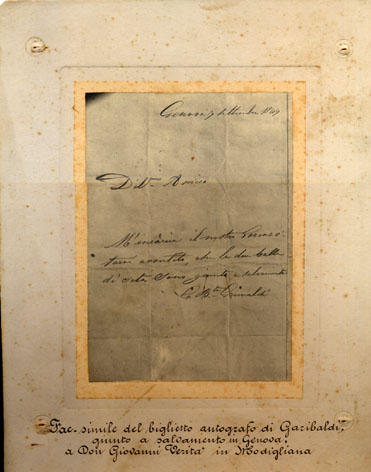 Facsimile del biglietto autografato di Garibaldi giunto a salvamento in Genova, a Don Giovanni Verit in Modigliana