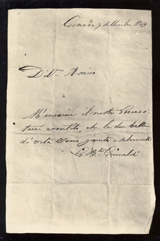 (Foto del) biglietto autografo diretto da Garibaldi a Don Giovanni Verit di Modigliana