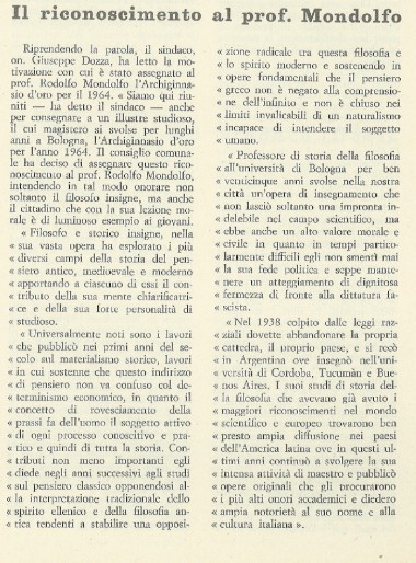 Riconoscimento di Giuseppe Dozza a Rodolfo Mondolfo - Notiziario settimanale del Comune, anno 1964