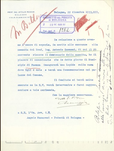 Lettera di Attilio Muggia in occasione delle celebrazioni del Centenario della nascita di Antonio Zannoni